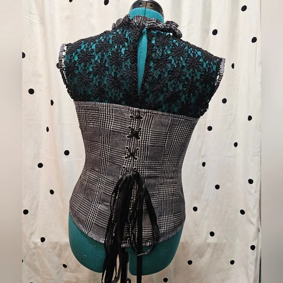 Corset Story black and white houndstooth plaid lace top corset UK 20